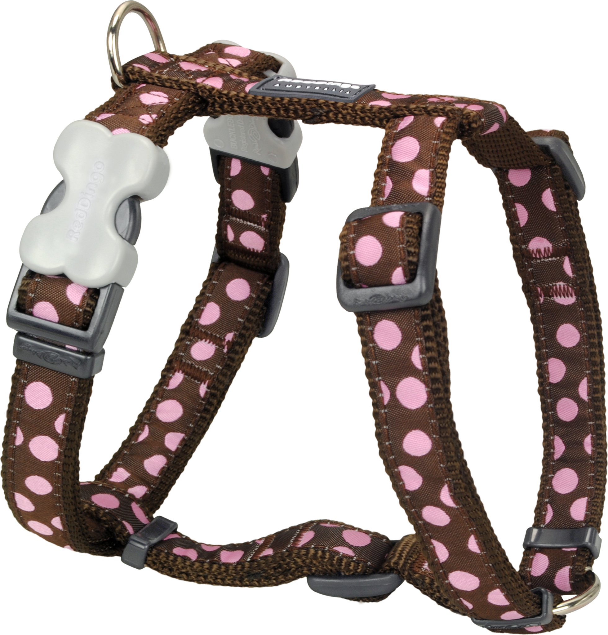 Red Dingo Designer Dog Harness - Polka Dot (Pink on Brown)