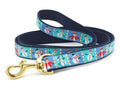 Snowman dog leash with blue webbing and colorful snowman print, brass clip hardware