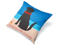Blue beach accent pillow with black dog silhouette and 'Everything is better at the beach' text
