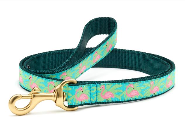 Flamingo-print dog collar with teal strap, gold ring hardware, dark green loop