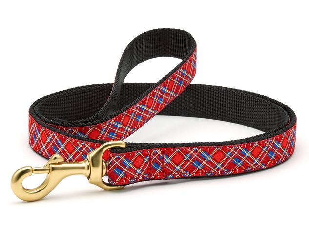 Up Country Stewart plaid dog collar with leash D-ring, red blue grid and gold hardware