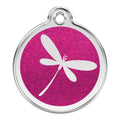 Stainless steel dog ID tag with glitter pink dragonfly enamel design