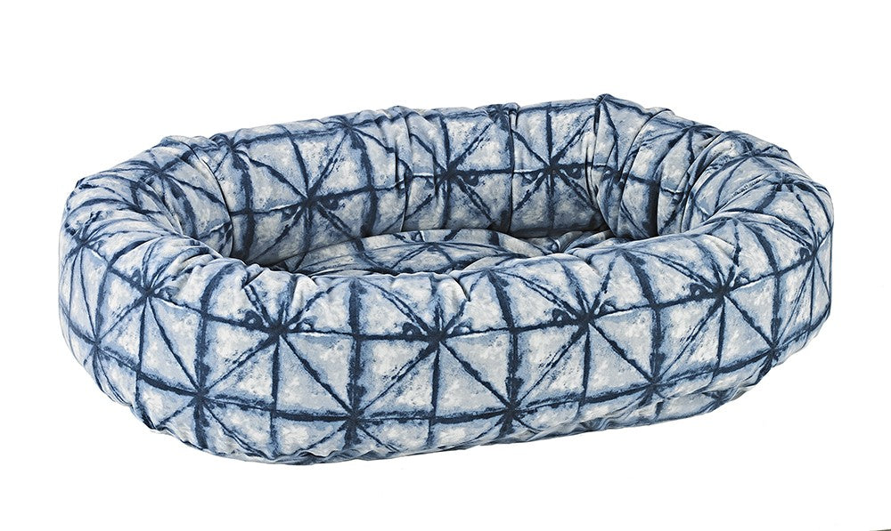 Shibori microvelvet donut dog bed, blue starburst tie-dye, round cushioned bolster
